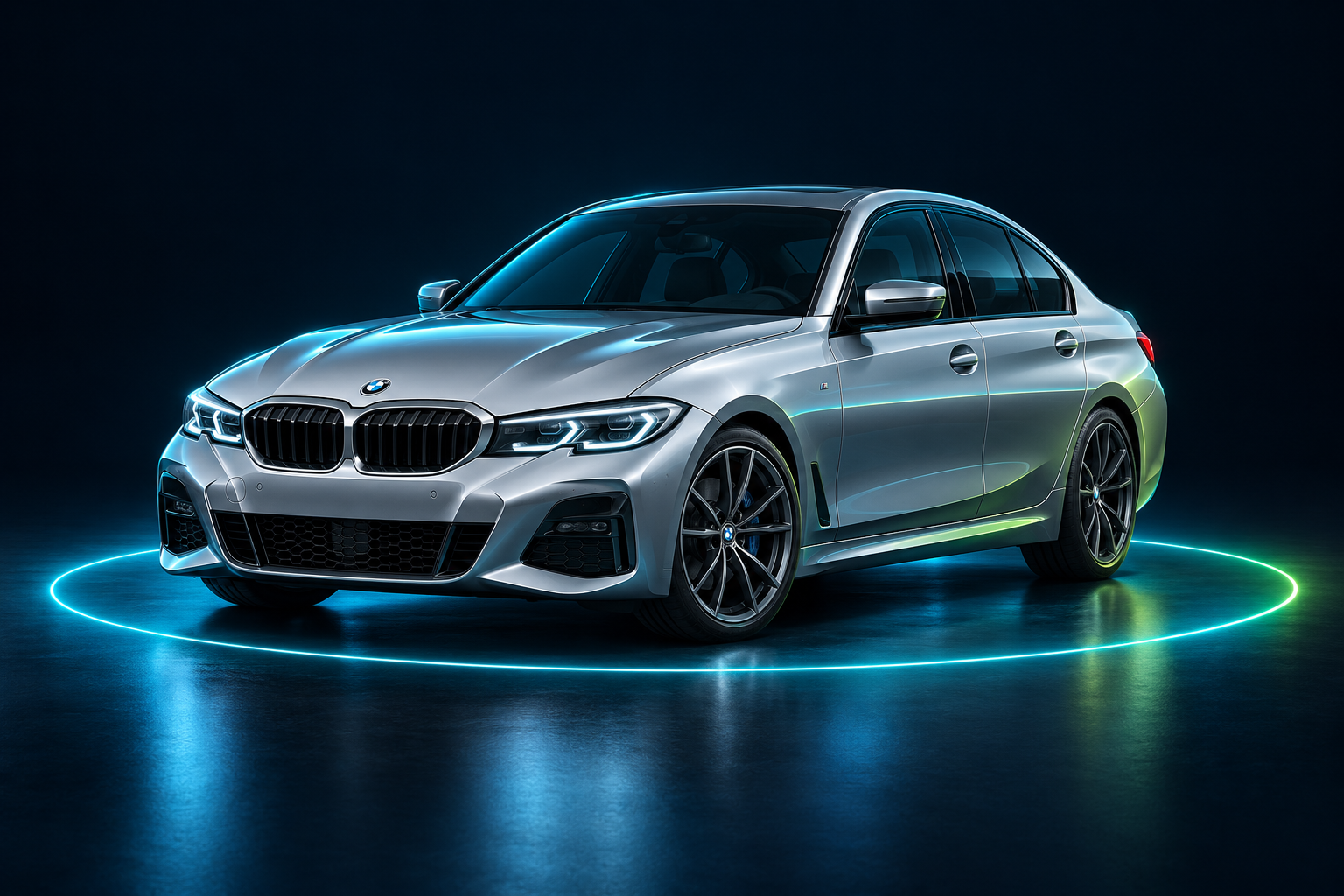 Ilustración de un BMW plateado sobre un aro de luz futurista